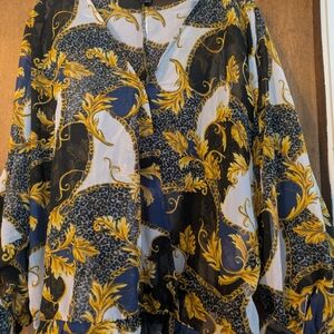 Rouge Helium Baroque-Print Top in Black, Gold & Blue